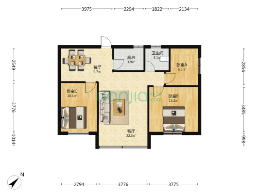 柠溪邮政小区 3室2厅1卫 87平方