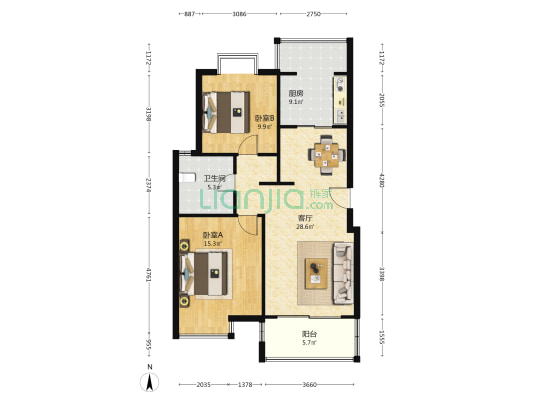 新城名园 2室1厅1卫 86平方