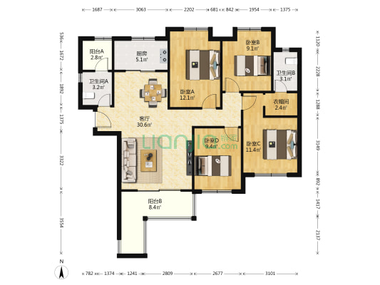 五江天街 4室1厅2卫 121平方
