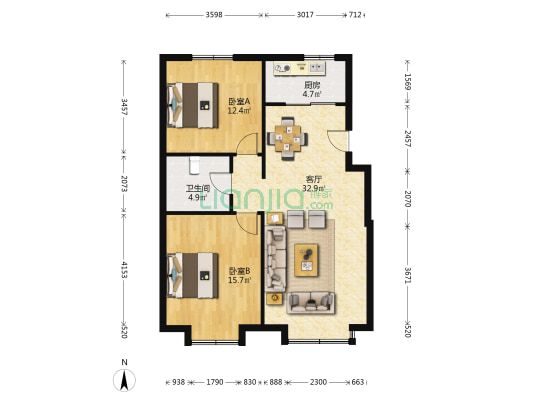 欣然苑 2室1厅1卫 91平方