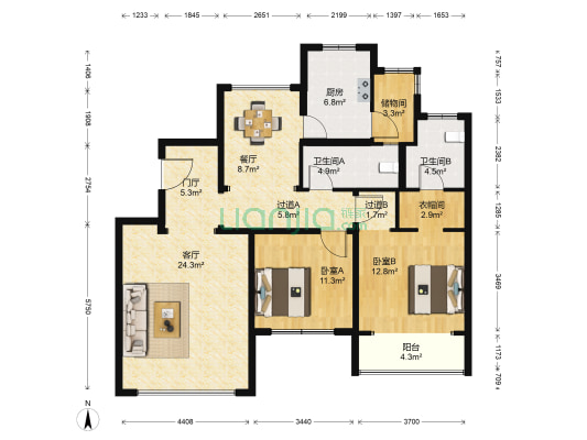 泛海国际香海园 2室2厅2卫 146平方