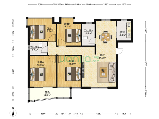 东方时代大厦 4室1厅2卫 137平方