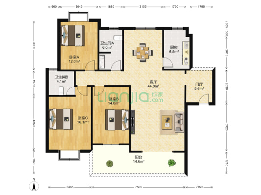 東升星城 3室1厅2卫 139平方