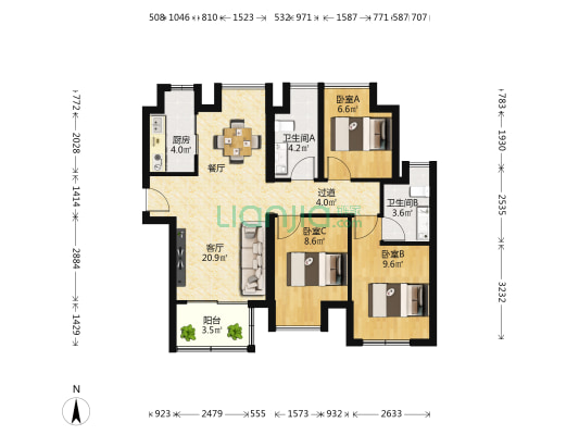 国贸远洋天和 3室1厅2卫 93平方
