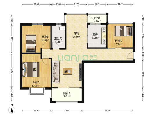 世茂运河城世家苑 3室1厅1卫 102平方