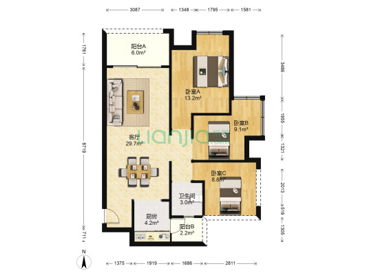 国兆嘉泓公馆 3室1厅1卫 94平方
