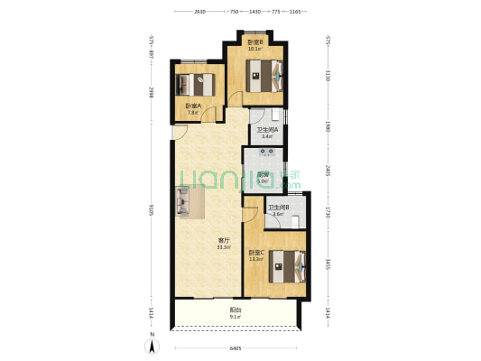 禹洲新希望雍禧兰台 3室1厅2卫 115平方