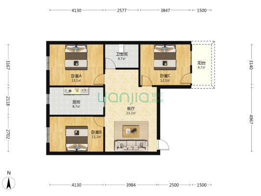 茶花小区 3室1厅1卫 104平方
