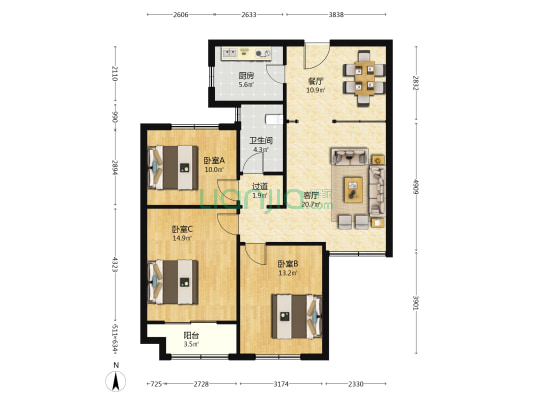 东鼎国际 3室2厅1卫 114平方