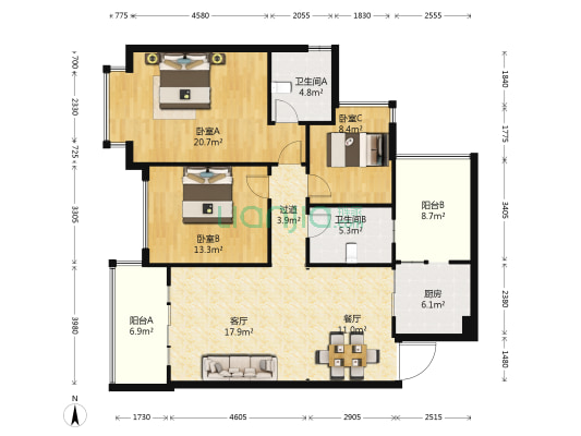 昆明恒大金碧天下 3室2厅2卫 114平方