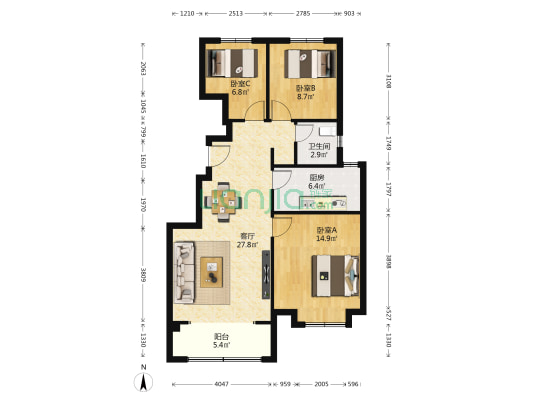 天铂润园 3室1厅1卫 98平方