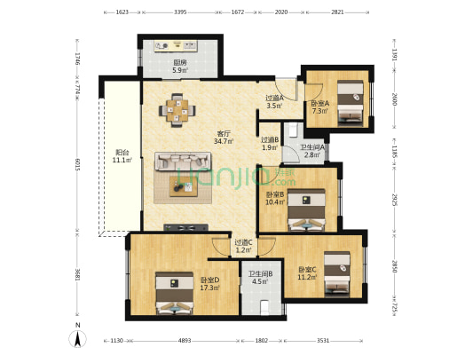 龙湖龙悦台 4室1厅2卫 130平方