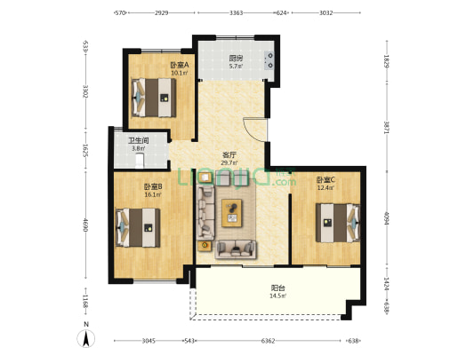 皖创雍龙府 3室1厅1卫 115平方
