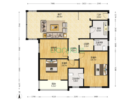天山商厦 2室1厅2卫 162平方