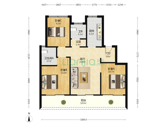 蓝城风荷九里 3室1厅2卫 107平方