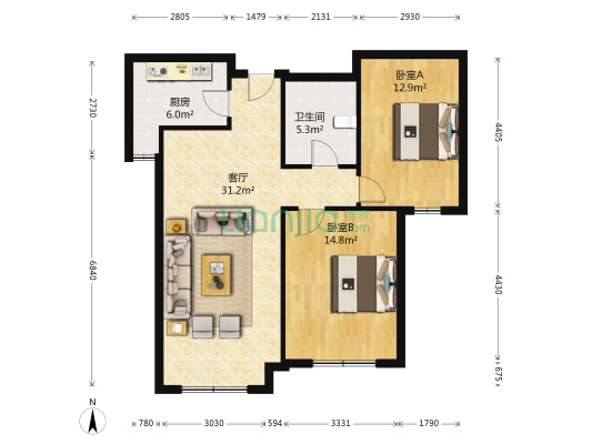 鸿坤理想湾B户型全南两居诚意出售,精装修-户型图
