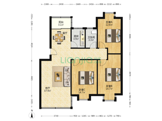 雁景花园 3室1厅1卫 103平方