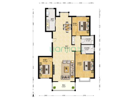 廊坊盛世嘉华小区东区 3室1厅2卫 151平方