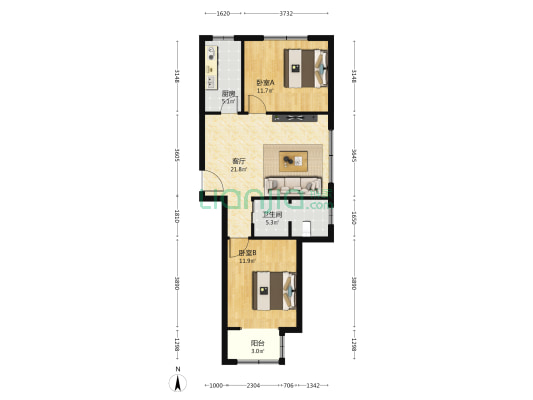 天洲视界城A区 2室1厅1卫 90平方