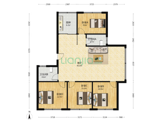 北京路100号 4室1厅2卫 131平方