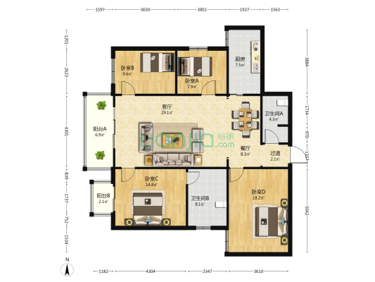 滨江大厦 4室2厅2卫 152平方
