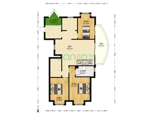 海航国兴城C区 3室1厅1卫 128平方