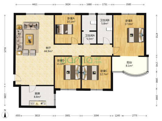 中建大厦 4室1厅2卫 151平方