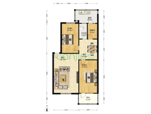 新华路298号 2室2厅1卫 106平方
