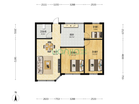 袁家屯2号附1号 3室1厅1卫 81平方