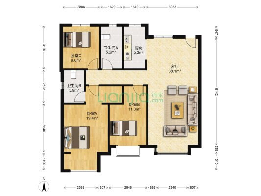 太阳城皓阳园 3室1厅2卫 133平方