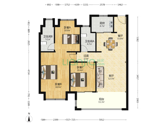 长泰·滨河国际 3室2厅2卫 115平方