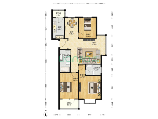 美瓴居 3室2厅2卫 124平方