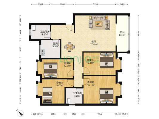 香怡园 4室1厅2卫 124平方