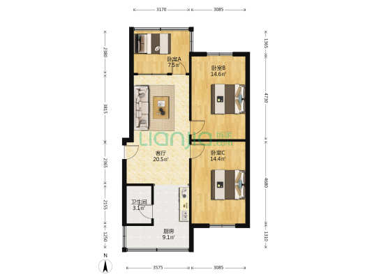 泡桐树街9号 3室1厅1卫 72平方