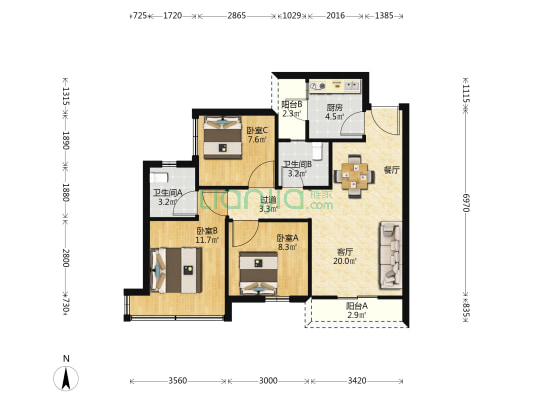 阳光上和赋 3室1厅2卫 82平方