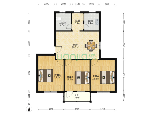 鑫港花苑 3室1厅1卫 96平方