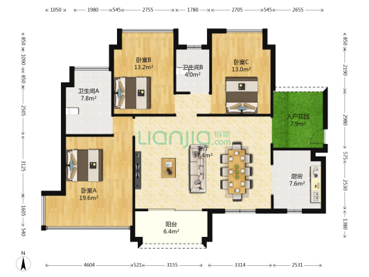 锦绣国际花城二期 3室1厅2卫 132平方