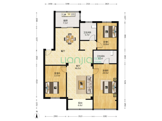 市北公寓 3室1厅2卫 138平方