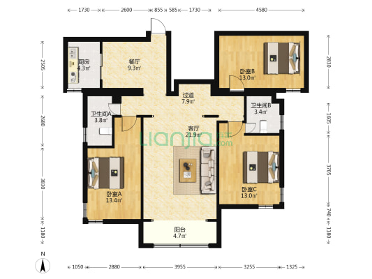 蔚蓝春天 3室2厅2卫 125平方