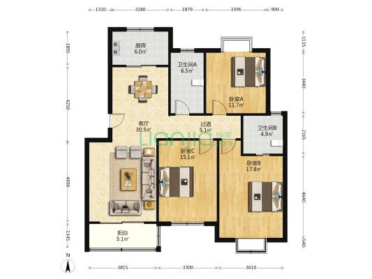 锦都苑小区 3室1厅2卫 123平方