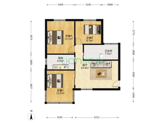 桂冠公寓一期 3室1厅1卫 82平方