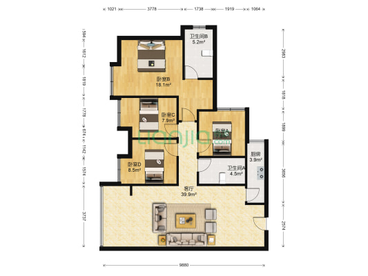 奥园金域 4室1厅2卫 140平方