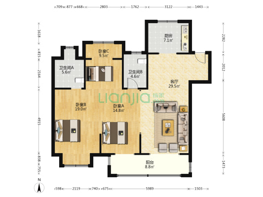 吾悦华府D区 3室1厅2卫 128平方