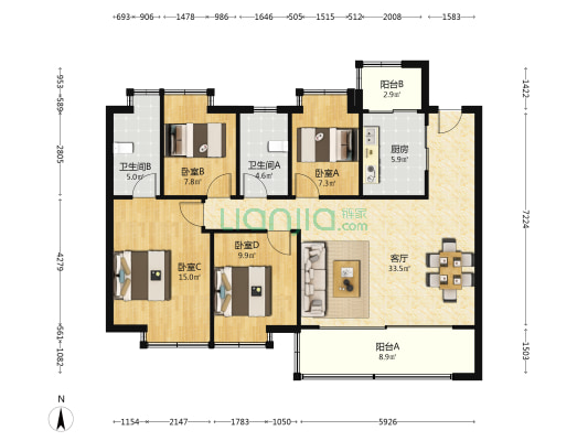 南门望府 4室1厅2卫 129平方