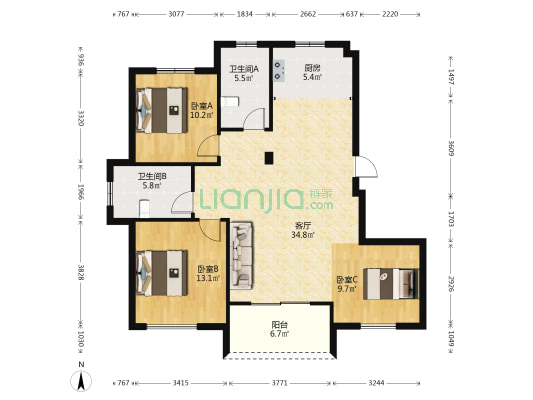 金竹人家 3室1厅2卫 113平方