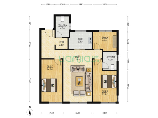 招商观园 3室1厅2卫 102平方