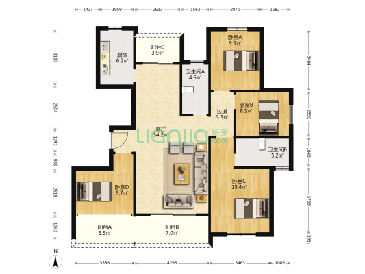 奥凯悦庭 4室1厅2卫 139平方