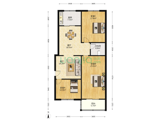 新华街市管小区 3室2厅1卫 127平方