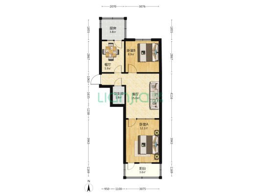 四新小区  2室2厅1卫 57平方