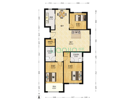 千业新城 3室1厅2卫 139平方